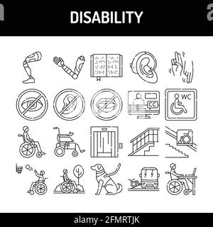 Set di icone delle linee di disabilità. Elemento vettoriale isolato. Pittogrammi di contorno per pagina web, app mobile, promo. Tratto modificabile. Illustrazione Vettoriale