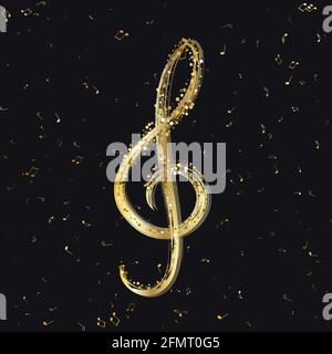 Luxury Gold Treble Clef della stellare contro su note d'oro volanti casuali. Bella notazione musicale sinfonia per banner di festival, stampa design Illustrazione Vettoriale