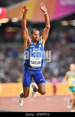 Christian Taylor (USA, medaglia d'oro). Triple Jump uomini, finale. Campionato del mondo IAAF Londra 2017 Foto Stock