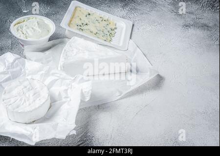 Varietà di formaggi su tavola da cucina, brie, Camembert, Gorgonzola e formaggio cremoso blu. Sfondo bianco. Vista dall'alto. Spazio di copia Foto Stock