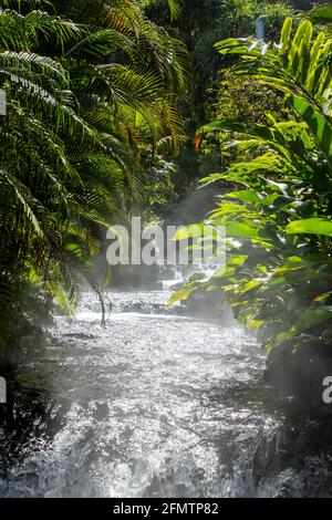 Piscine di acqua termale e fiumi di sorgente calda non pompati (che scorrono liberamente) ai piedi del vulcano Arenal, vicino a la Fortuna, Costa Rica Foto Stock