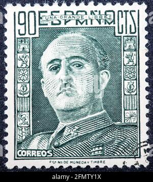 Spagna - circa 1949: un timbro stampato in Spagna mostra Francisco Franco, circa 1949 Foto Stock