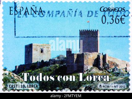 SPAGNA - CIRCA 2012: Un francobollo stampato in Spagna dall'edizione 'Todos con Lorca, Murcia' mostra Castello Lorca, circa 2012. Foto Stock