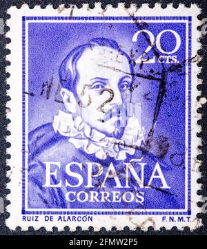 SPAGNA, CIRCA 1950: Timbro stampato in Spagna , con ritratto Juan Ruiz de Alarcon y Mendoza. Playwright è una delle figure principali del theat spagnolo Foto Stock