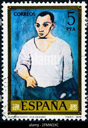 SPAGNA - CIRCA 1978: Francobollo stampato dalla Spagna mostra un autoritratto dipinto da Paul Ruiz Picasso Foto Stock