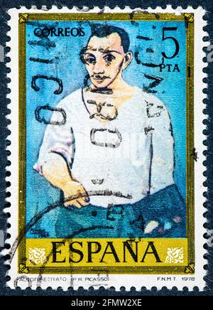 SPAGNA - CIRCA 1978: Francobollo stampato dalla Spagna mostra un autoritratto dipinto da Paul Ruiz Picasso Foto Stock