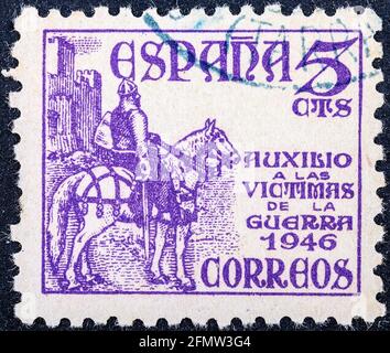 SPAGNA - CIRCA 1949: Francobollo stampato dalla Spagna, mostra Cavaliere medievale, circa 1949 Foto Stock