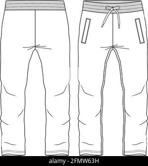Modello di disegno piatto moda Sweat Pant in pile Basic Kids. Illustrazione tecnica della moda. Jogger Line Art Illustrazione Vettoriale