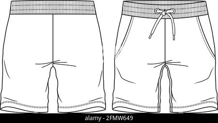 Modello boys Sweat Shorts Bermuda fashion flat sketch. Illustrazione tecnica della moda dei giovani uomini. Illustrazione Vettoriale