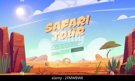 Safari tour cartoon landing page, avventura di viaggio Africa, deserto con rocce, albero tropicale, erba e cactus fiorente. Paesaggio africano con pietre, dune, tumbleweed e piante illustrazione vettoriale Illustrazione Vettoriale