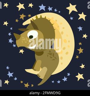 Il piccolo cucciolo di dinosauro si siede sulla luna. Cielo stellato notturno . Allegro tipo animale dino bambino. Cartoni animati stile piatto. Rettile preistorico. Divertente. Illustrazione Illustrazione Vettoriale