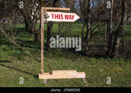 In questo modo. Freccia direzionale in legno e segno in una giornata di sole. Foto Stock