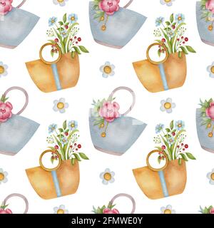 Motivo acquerello senza cuciture con foglia, fiore e borsa estiva su sfondo bianco. Ideale per cartoline, biglietti d'auguri, involucri e altri design. Foto Stock