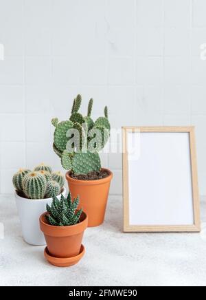 Cactus e pianta succulente in pentole e mock up poster telaio sul tavolo Foto Stock