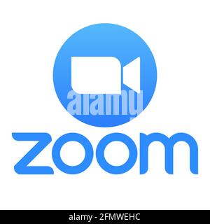 Vinnytsia, Ucraina - 10 Maggio 2021: Logo zoom. Icona blu della fotocamera. Icona video per progetti di progettazione grafica Illustrazione Vettoriale