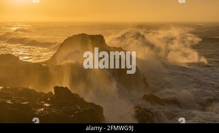 Vista dal capo Dyrholaey, Islanda. Stormy sunrise Foto Stock