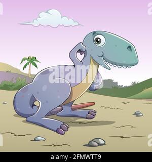 Illustrazione in stile cartoon di un tirannosauro sorridente divertente e carino Rex cielo viola con vegetazione nuvolosa e una palma sullo sfondo Illustrazione Vettoriale