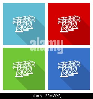 Power line, set di icone di torri energetiche, illustrazione vettoriale dal design piatto in eps 10 per applicazioni di webdesign e mobili in quattro colori Illustrazione Vettoriale