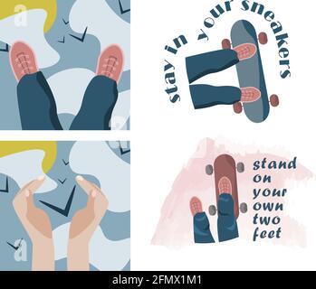 Set di badge per attività estive con cielo, skateboard, piedi umani, mani e slogan Illustrazione Vettoriale