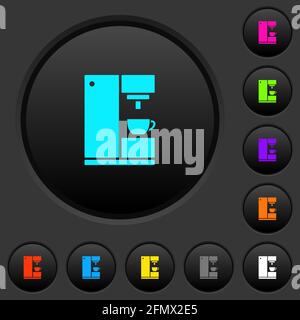 Pulsanti scuri della macchina da caffè con icone di colori vivaci sfondo grigio scuro Illustrazione Vettoriale