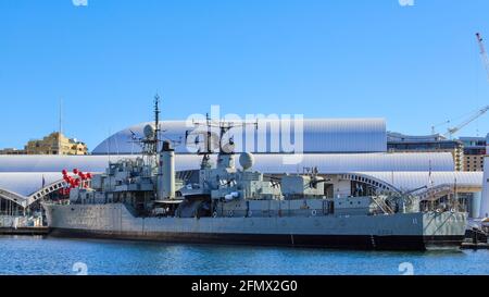 Il cacciatorpediniere Royal Australian Navy HMAS Vampire, non una nave museo a Darling Harbour, Sydney, Australia Foto Stock