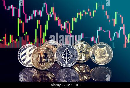 Selezione di gettoni di criptovaluta tra cui litecoin, bitcoin, ripple, etereo, cardano e dogecoin con grafici a candelabro in background Foto Stock