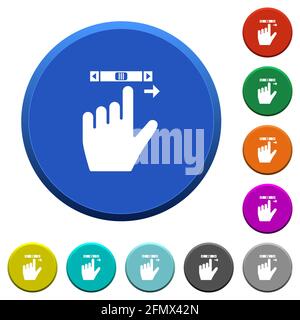 scorrimento a destra con la mano sinistra pulsante rotondo colore smussato con superfici lisce e icone bianche piatte Illustrazione Vettoriale