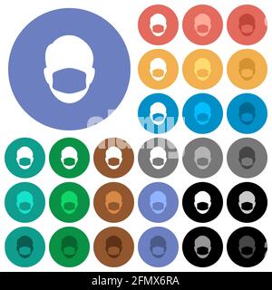 Faccia con maschera medica icone piatte multicolore su sfondi rotondi. Incluse variazioni delle icone bianche, chiare e scure per il passaggio del mouse e l'effetto dello stato attivo Illustrazione Vettoriale