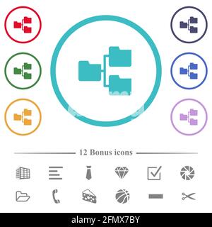 Cartelle condivise icone a colori piatte nei contorni a forma di cerchio. 12 icone bonus incluse. Illustrazione Vettoriale