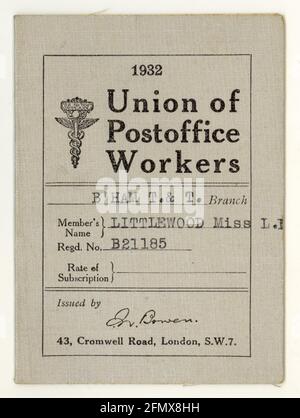 Original Union of Postoffice Workers (UPW) eventualmente una tessera di iscrizione, con ricevute registrate per i pagamenti di abbonamento - Birmingham T. & T. filiale, datata 1932, U.K. Foto Stock