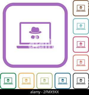 Computer portatile con simbolo in incognito icone semplici in colore quadrato arrotondato cornici su sfondo bianco Illustrazione Vettoriale