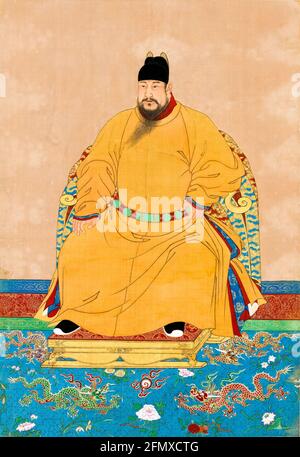 Imperatore cinese, l'imperatore Hongxi, (b.1378-d.1425), ritratto sul rotolo appeso, 1800-1899 Foto Stock