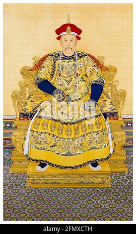 Imperatore cinese, l'imperatore Yongzheng (n.1678-d.1735), ritratto in abito da corte, scroll appeso, 1800-1899 Foto Stock