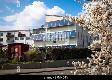 Moduli fotovoltaici, pannelli solari su una casa nel distretto di Eichlinghofen, Dortmund, Nord Reno-Westfalia, Germania. Photovoltaikanlage, Solarmodule A. Foto Stock