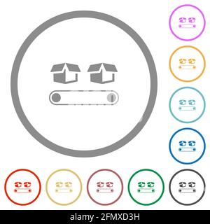 Trasportatore con scatole icone di colore piatto in contorni rotondi su sfondo bianco Illustrazione Vettoriale