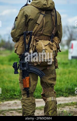 Vista ravvicinata del retro di un lettore Airsoft di Un soldato russo Foto Stock