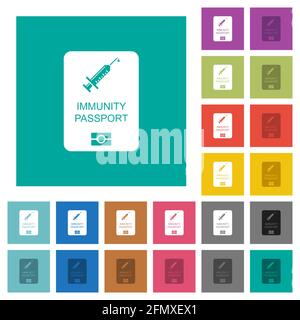 Immunità passaporto icone piatte multicolore su sfondi quadrati. Incluse variazioni delle icone bianche e più scure per il passaggio del mouse o gli effetti attivi. Illustrazione Vettoriale