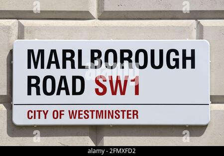 Londra, Inghilterra, Regno Unito. Cartello stradale: Marlborough Road, SW1 Foto Stock