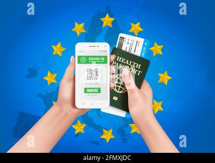 Idoneità a viaggiare all'interno dell'Unione europea durante la pandemia del Covid-19. Applicazione mobile con conferma della ricezione del vaccino. Illustrazione Vettoriale