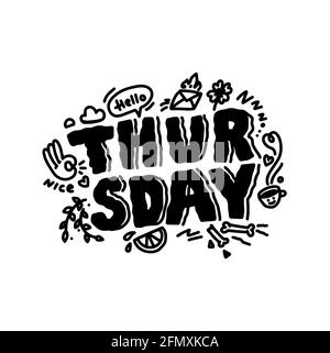 Giovedì doodle citazione di ispirazione. Sketch cart su calendario,cafe,promozione,banner, email newsletter, logo.Thursday con doodle cute immagine isolato su Illustrazione Vettoriale