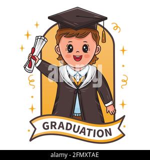 Segno di graduazione. Felice laureato ragazzo successo studio universitario. Bambino studente in accappatoio accademico, lavagna da mortar con certificato di diploma. Vettore Illustrazione Vettoriale