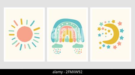 Poster in stile scandinavo con arcobaleno, nuvola e sole. Disegno infantile per il disegno della stanza dei bambini. Divertimento doodle arcobaleno. Illustrazione disegnata a mano Illustrazione Vettoriale