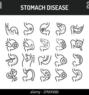 Set di icone della linea di malattie dello stomaco. Elemento vettoriale isolato. Illustrazione Vettoriale