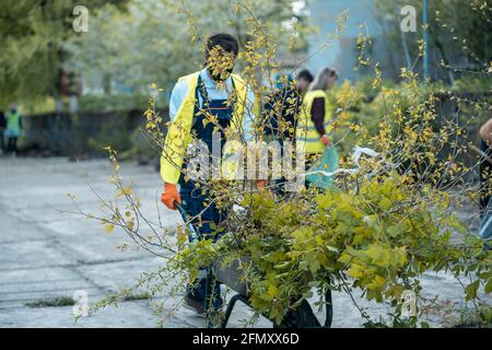 fare la pulizia del parwith della carriola da rifiuti di polvere e. fogliame Foto Stock