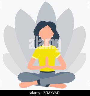 La ragazza è seduta in posizione lotus. Vettore asana di rilassamento. Donna calma che pratica yoga concetto. Stile di vita sano, benessere, armonia con on Illustrazione Vettoriale