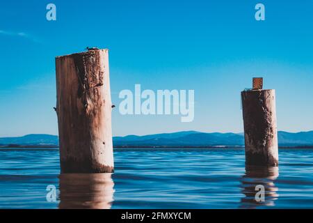 due pile di legno lavate dalle acque blu del lago con le montagne sullo sfondo Foto Stock