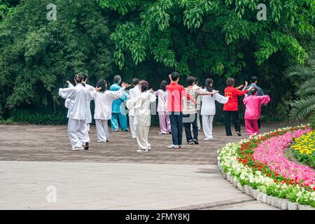 Chongqing, Cina - 9 maggio 2010: Gruppo di persone in abiti di seta argento, blu e rosso che praticano esercizi sincronizzati Tai Chi di fronte alla folia verde Foto Stock