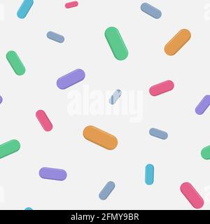 Modello vettoriale senza giunture con pillole colorate, capsule, isolate su sfondo chiaro. Preparazioni mediche. Design piatto. Illustrazione a colori. Illustrazione Vettoriale