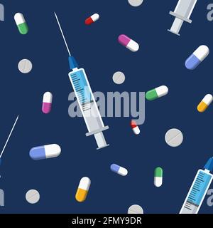 Modello vettoriale senza giunture con pillole colorate, compresse, capsule, siringhe mediche, isolato su sfondo blu scuro. Preparazioni mediche. Colore. Illustrazione Vettoriale