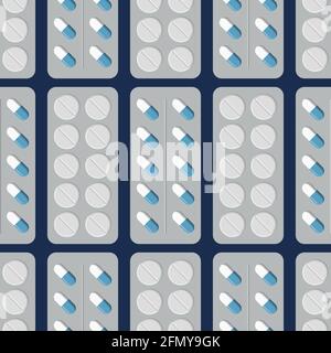 Modello vettoriale senza cuciture con compresse mediche bianche e turchesi. Confezioni di farmaci per uso medico per compresse. Medicina di base. Illustrazione Vettoriale